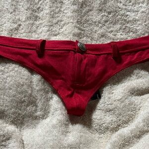 Red Low-Rise Thong Bikini Bottom with Button Accent